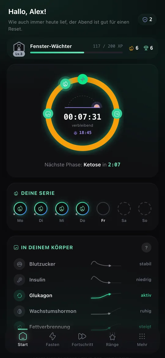 Startseite im Sonnen-Modus mit Sonnenring und Körper-Karte