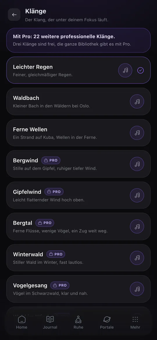 Klänge für den Fokus: Leichter Regen, Waldbach und Ferne Wellen frei, weitere mit Pro