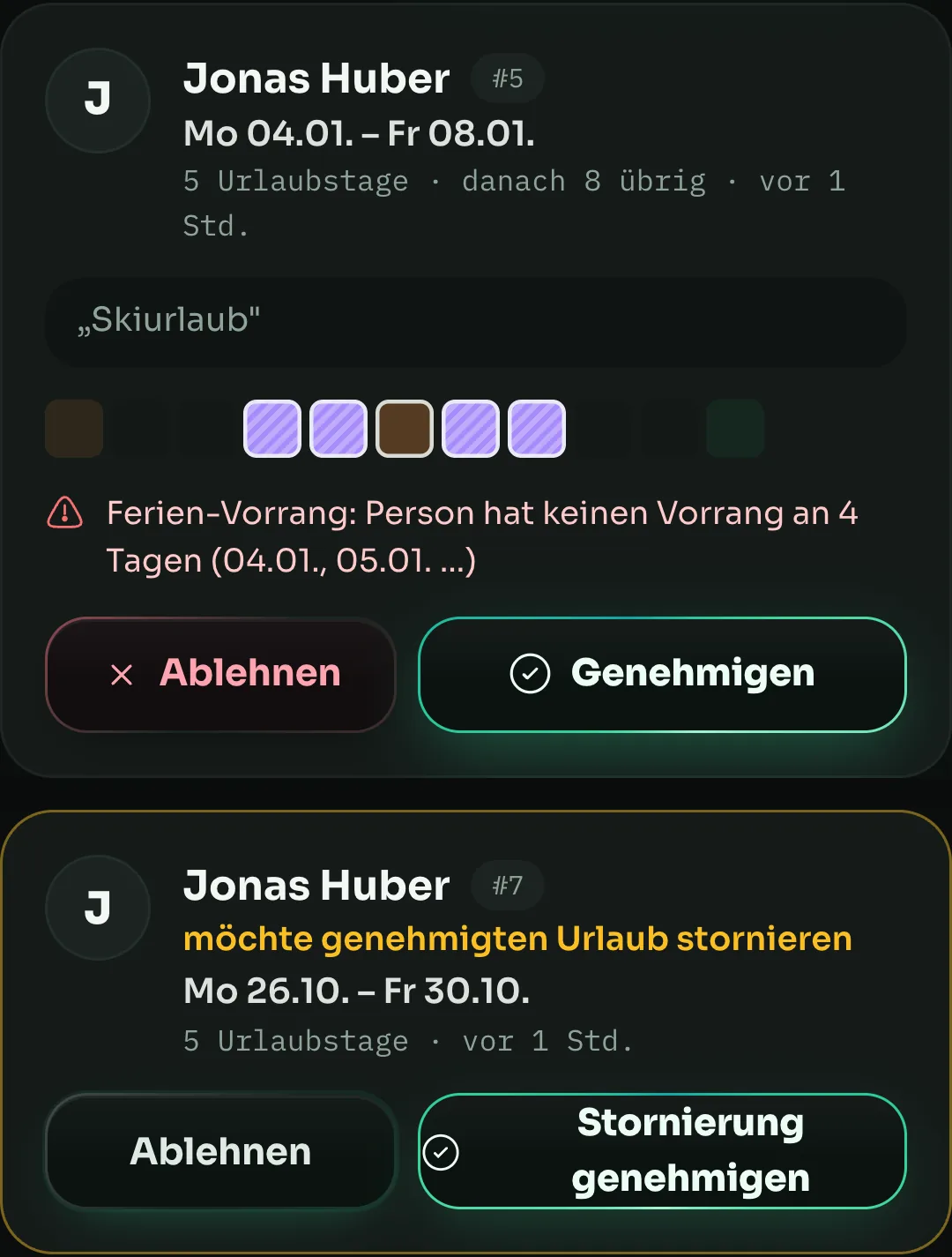 maXXteam App: Antragskarten mit Ferien-Vorrang-Hinweis und Stornierungswunsch