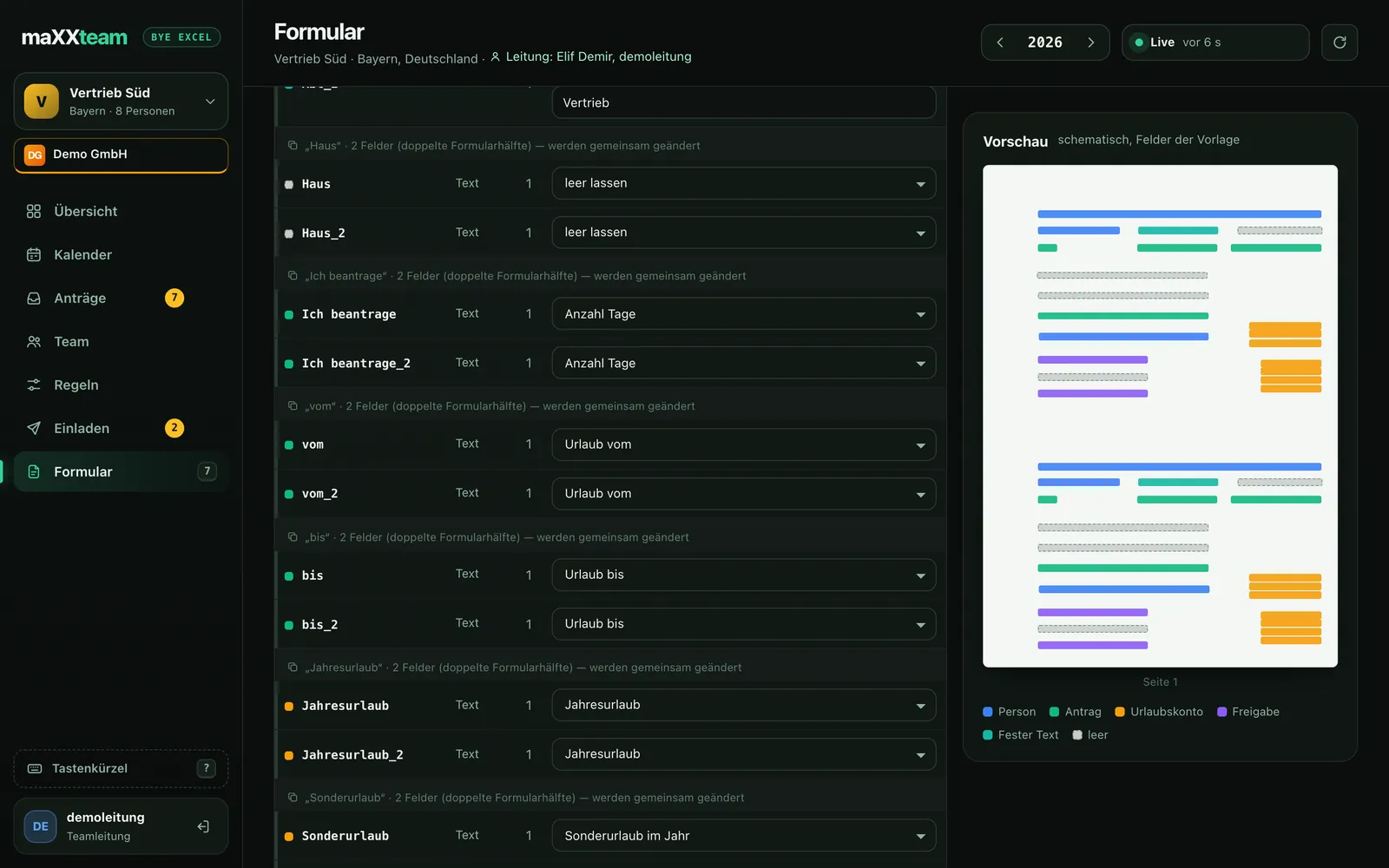 maXXteam Dashboard: Seite Formular mit Zuordnung der PDF-Felder und schematischer Vorschau