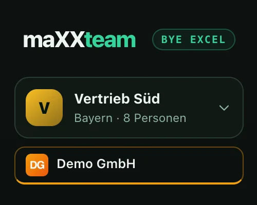 maXXteam Dashboard: Seitenleiste mit Teamname und Firmenlogo der Beispielfirma „Demo GmbH“