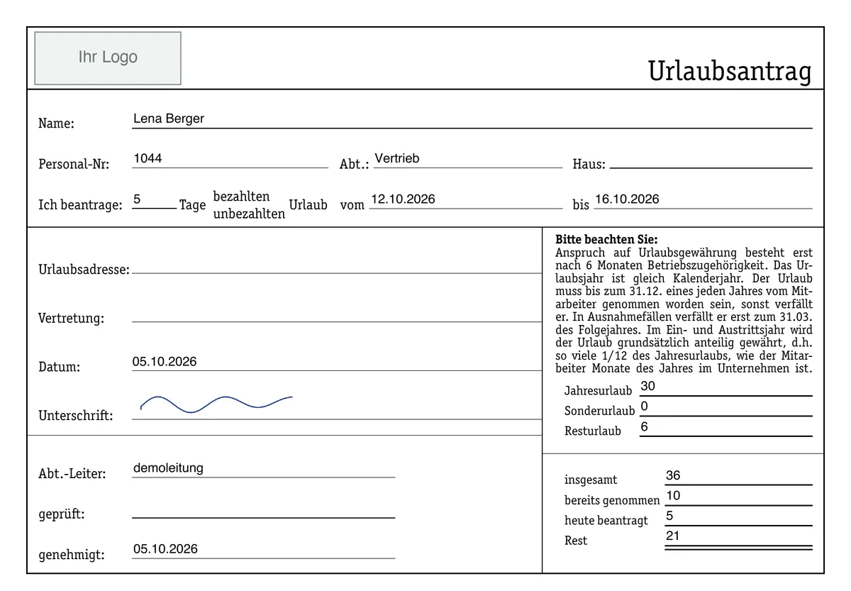 Beispiel: ausgefüllter Urlaubsantrag als PDF mit Name, Personalnummer, Zeitraum, Urlaubskonto und Unterschrift