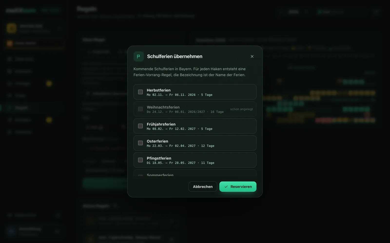 maXXteam Dashboard: Dialog „Schulferien übernehmen“ mit den kommenden Ferien in Bayern