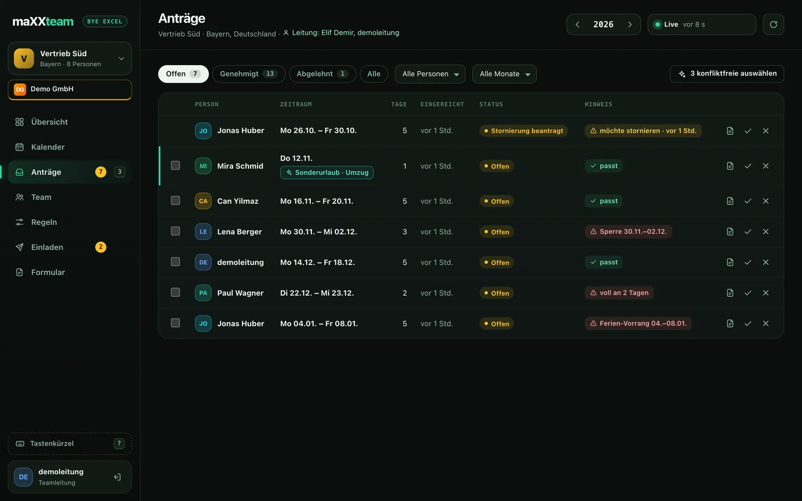maXXteam Dashboard: Anträge mit Stornierungswunsch, Sonderurlaub und Ferien-Vorrang-Hinweis