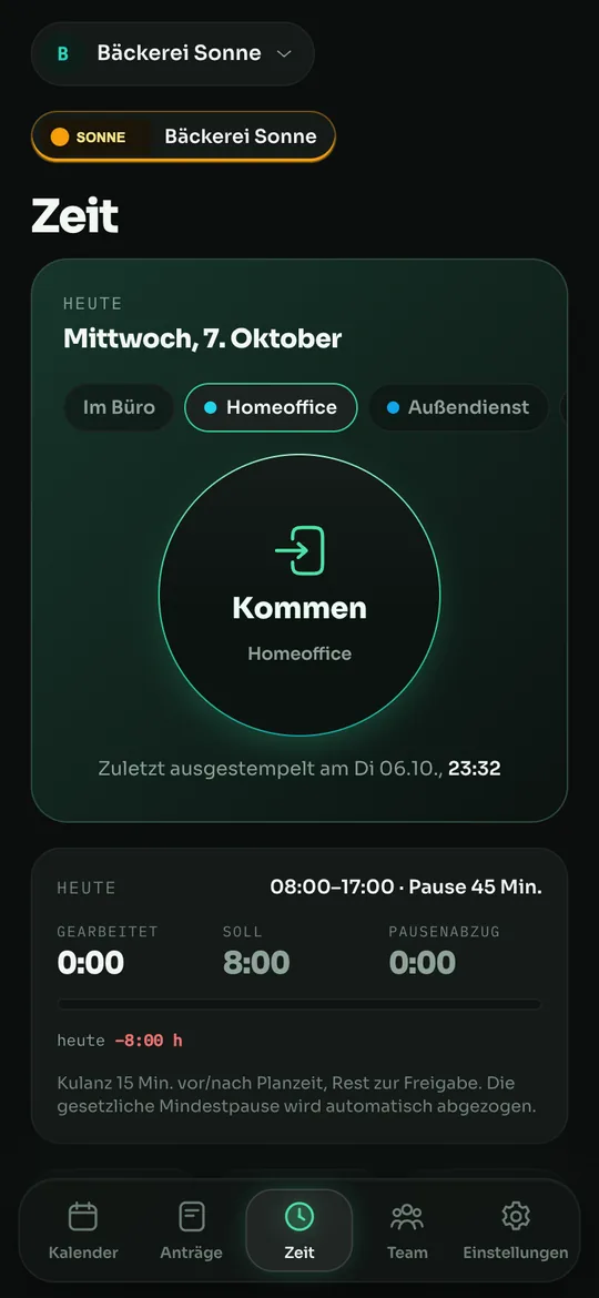 maXXplan App: Kommen mit Auswahl Homeoffice, Außendienst, Dienstreise