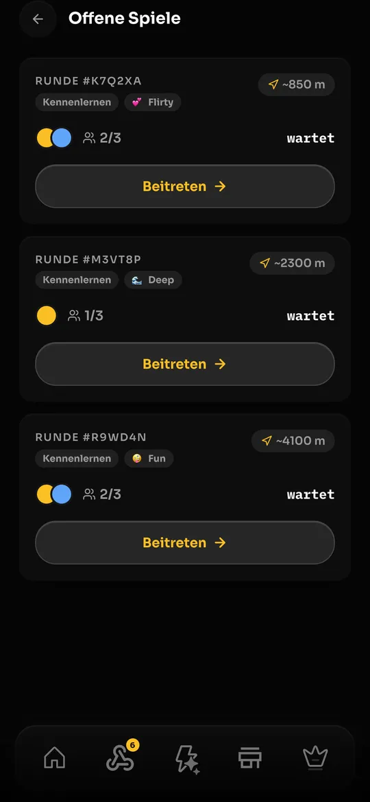 Offene Kennenlernen-Runden mit Stimmung und Entfernung
