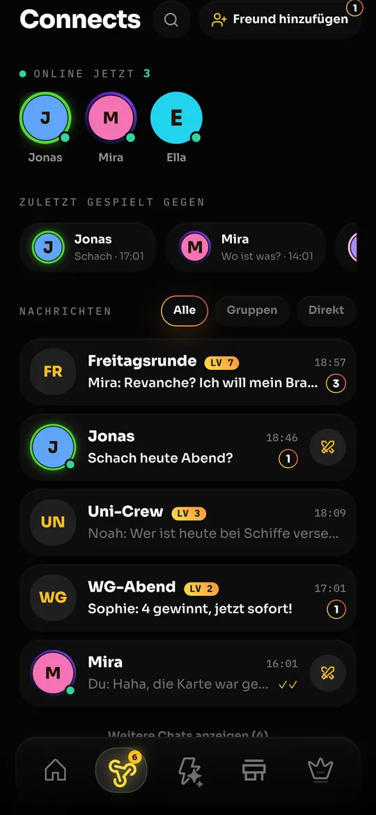 Connects: Freunde online, zuletzt gespielt und Nachrichten