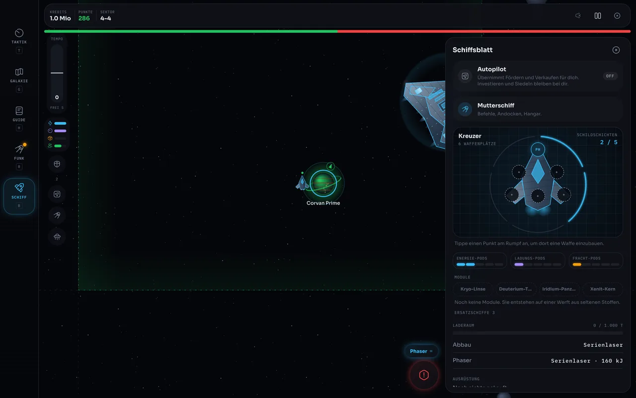 Starlane am Desktop: Schiffsblatt als Seitenpanel neben der Karte