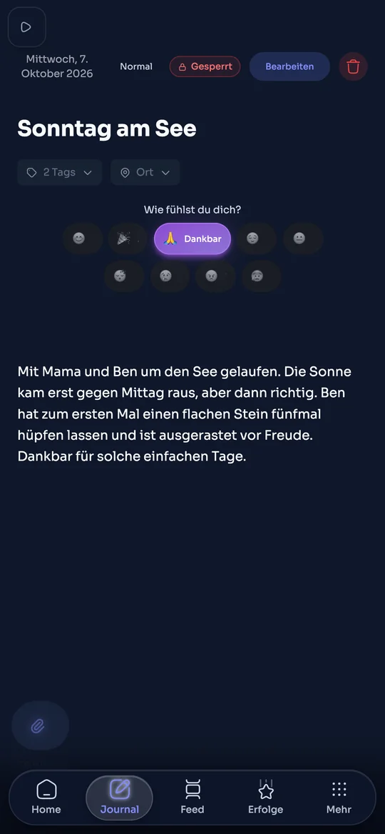 Editor mit Eintrag „Sonntag am See“