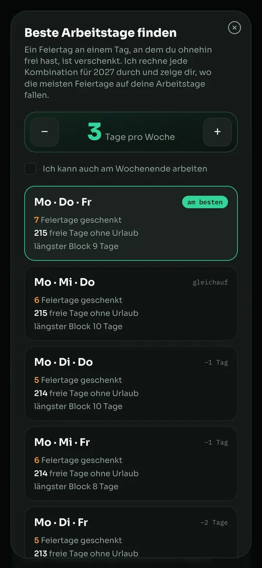 urlaubmaXXing: Beste Arbeitstage finden, Kombinationen für drei Arbeitstage pro Woche nach geschenkten Feiertagen sortiert